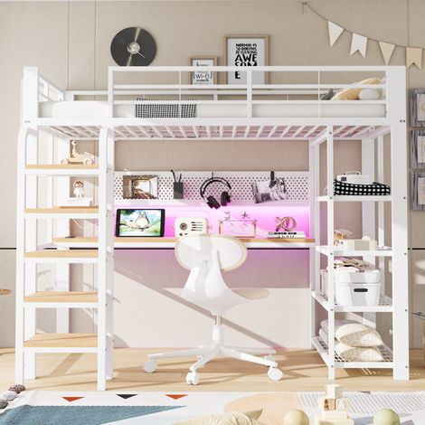 Lit mezzanine métal 90 x 200 cm blanc bureau avec prise européenne LED multicolore panneau perforé étagères échelle verticale (1/5)