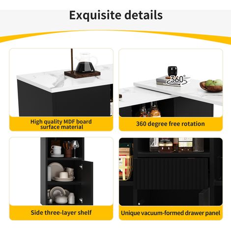 Une table de bar avec une rotation de 360°. Les dimensions principales sont de 210 x 30 x 100,9 cm. Le design est moderne et simple, en noir. La zone de rangement est ouverte (1/5)