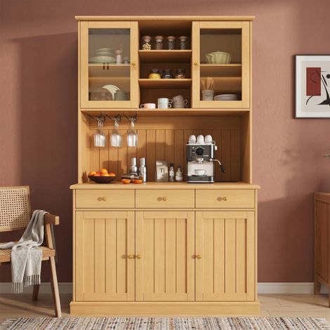 Buffet haut vaisselier 120x40x191 cm, portes vitrées, porte-verres, prise intégrée, USB-A/USB-C, rangements, bois naturel (1/5)