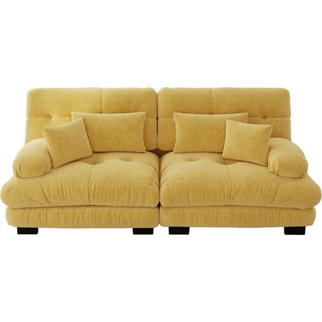 Canapé d'angle modulable en chenille vintage jaune avec 2 coussins lombaires et 2 coussins décoratifs (1/5)