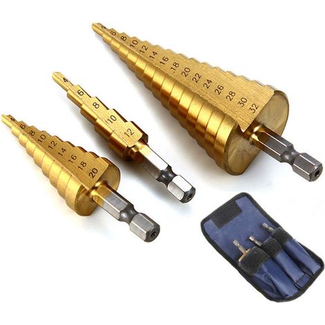 Lot de 3 forets étagés (4-12/20/32 mm) – Acier rapide, revêtement titane – Pour perçage du métal (1/4)