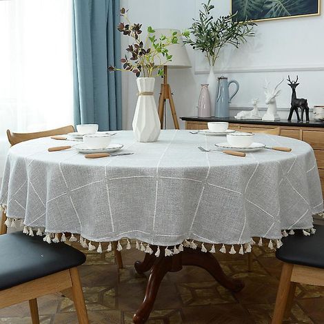 1 Nappe Ronde 90 Cm En Lin & Coton Anti-tache Lavable Beige Couverture De Table Avec Feuilles Vertes Brodes, Glands Pour Anniversaire, Mariage, Sa (1/5)