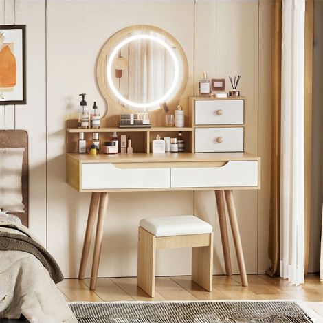 Petit Coiffeuse avec Miroir LED - 80x135x40cm - 3 Modes d'Éclairage 2 Tiroirs 2 Armoires et Tabouret Rembourré - Naturel (1/5)