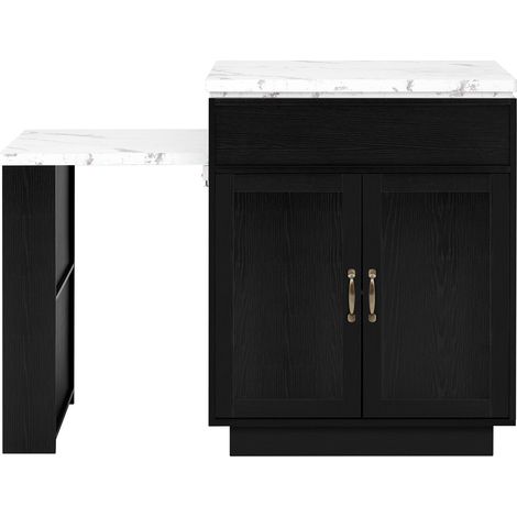 Isla de cocina extensible con ruedas, encimera blanca efecto mármol y estructura negra (1/5)