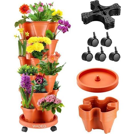 Lot de 6 Pots de Fleurs Empilable, Jardinière en Tour,Pot de Fleurs Design, Couleur Terre Cuite,avec roulettes pour Herbes et (1/5)
