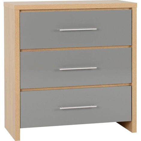 Seville 3 Drawer Chest - L39 x W80 x H86 cm - Grey High Gloss/Light Oak Effect Veneer (1/4)
