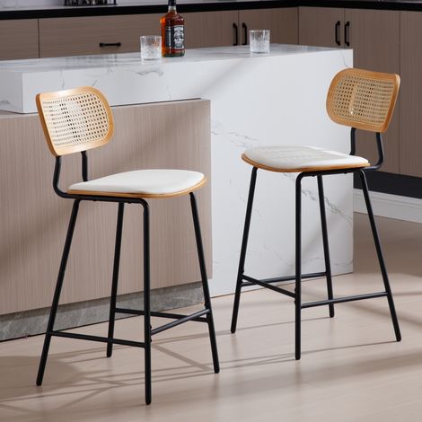 Wahson Set di 2 Sgabelli Cucina Sgabello da Bar in Rattan, Sedie Alti con Gambe in Metallo Sgabello Moderno Design per Bar/Penisola, Bianco