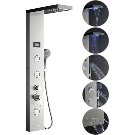 Auralum LED Edelstahl Duschpaneel Hydromassage, 5 Funktionen Duschsystem Duschset inkl. Wasserfalldusche Regendusche Handbrause und 3-Massagedüsen mit Wassertemperatur LCD Display