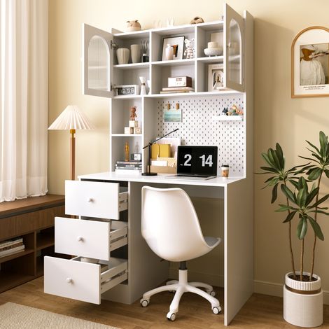 Bureau Multifonction 180 cm avec Étagères, Vitrine en Verre, Tableau d'Affichage et 3 Tiroirs, Meuble de Travail MDF - Blanc (1/5)