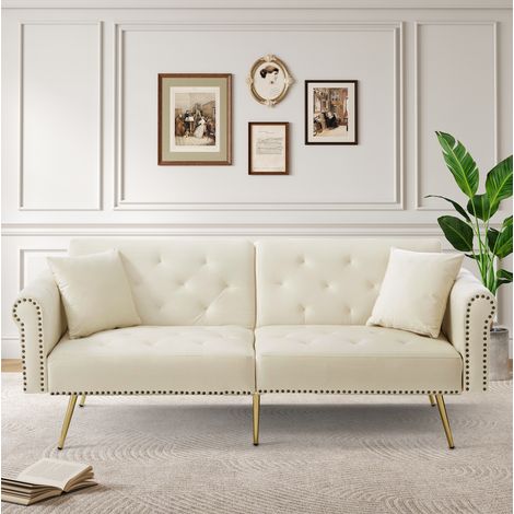 Sofá cama de 2 plazas en terciopelo beige, respaldo reclinable en 3 posiciones, patas de metal dorado y diseño compacto para espacios pequeños CHICFURN (1/5)