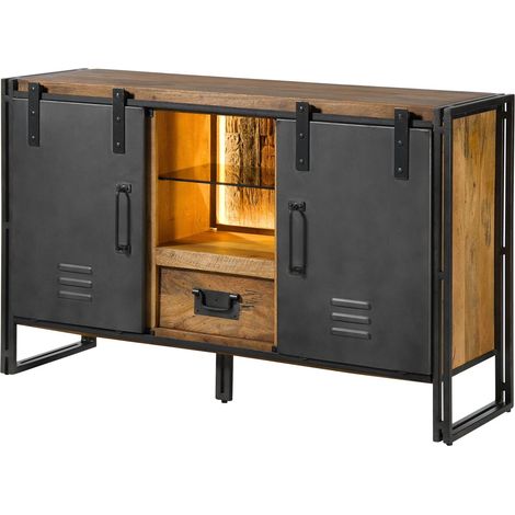 Sideboard Mango / Altholz 150x45x90 natur / grau lackiert / Metall grau BLACKBURN LUX 411