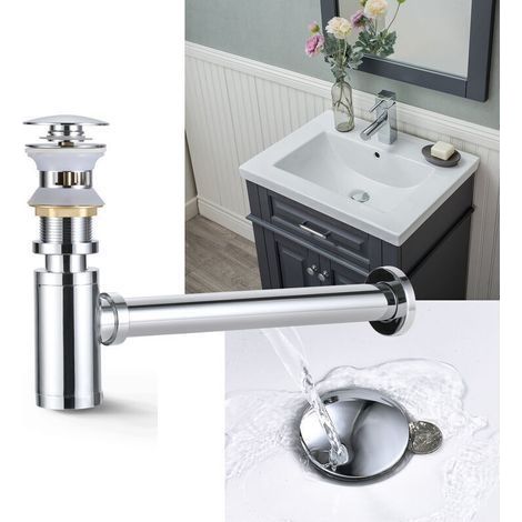 Bonde + Siphon de Lavabo Push et Pop Up avec Trop-Plein Set de Siphon Mural en Laiton Chromé Ensemble de Vidange Universel Accessoire de Salle de Bain - Chrome (1/5)