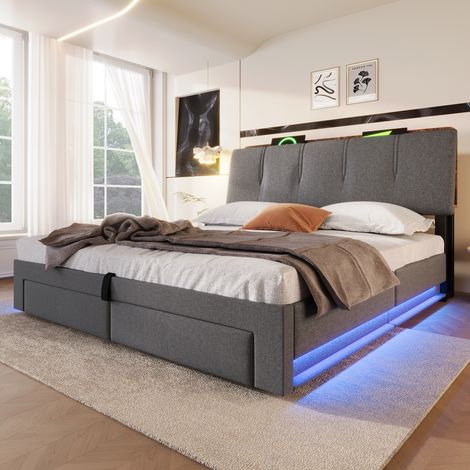 Lit coffre rembourré 140 x 200 cm Lit double avec port USB Type-C - 2 tiroirs - éclairage LED - lin - gris (1/5)