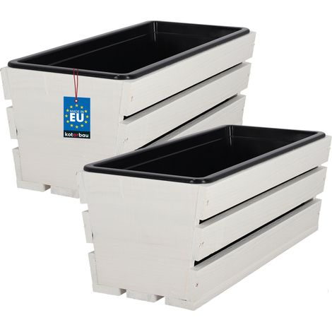 KOTARBAU® Lot de 2 Jardiniere Extérieur - Bac à Fleurs - avec Insert Plastique - Jardiniere Rectangulaire - 40x18x15 cm - pour Terrasse - Jardin - Décoration Extérieure - Blanc (1/4)