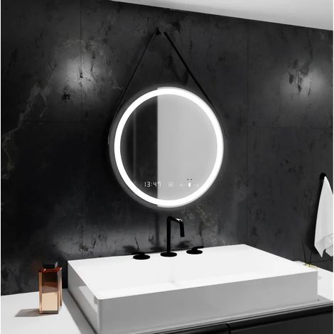 Miroir LED 50cm Noir Desembuage Horloge et Thermometre Gradable (1/4)