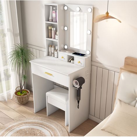 REDOM Tocador con espejo, 82x45x20 cm, luz LED de 3 modos, enchufe y soporte, MDF blanco (1/5)