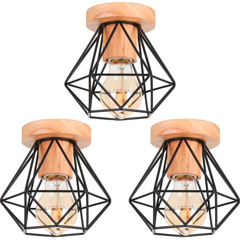 Lampada da Soffitto Interno Industriale Lampadario con Portalampada E27 in Ceramica Gabbia Diamante in Metallo e Legno Nero 3PCS (1/5)