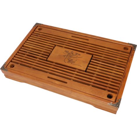 Chinesisches Kung-Fu-Teetablett aus Holz, Serviertablett mit Abfluss und Wasserbehälter, gelbes Orchideenmuster (1/5)
