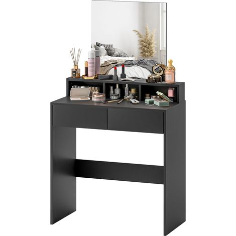 Table de maquillage avec miroir 2 tiroirs 3 compartiments noire 75x38x135 cm