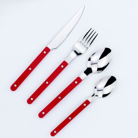 Französisches Besteckset, vierteiliges Set, Steakmesser, Gabel und Löffel aus Edelstahl für Bistros, Restaurants und den privaten Gebrauch. (1/4)