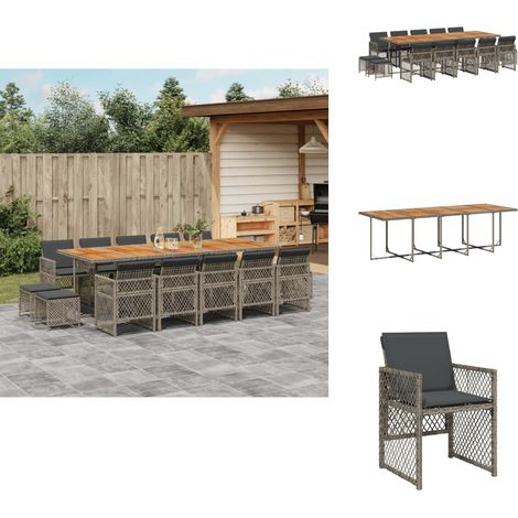 15-tlg. Garten-Essgruppe mit Kissen Grau Poly Rattan - Garten Essgruppe - Garten Essgruppen - Outdoor Essgruppe - Terrasse Essgruppe (1/5)