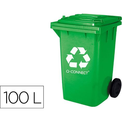 Papelera contenedor q-connect plastico con tapadera 100l color verde 750x470x370 mm con ruedas