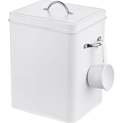 Relaxdays Box detersivo 6L, metallo, contenitore polvere con misurino e coperchio, design retrò, per mangime, bianco