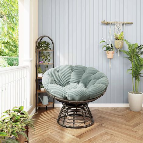 Fauteuil Papasan pivotant 360° - Chaise ronde en rotin PE avec coussin beige - Fauteuil relax en acier - Pour salon chambre terrasse