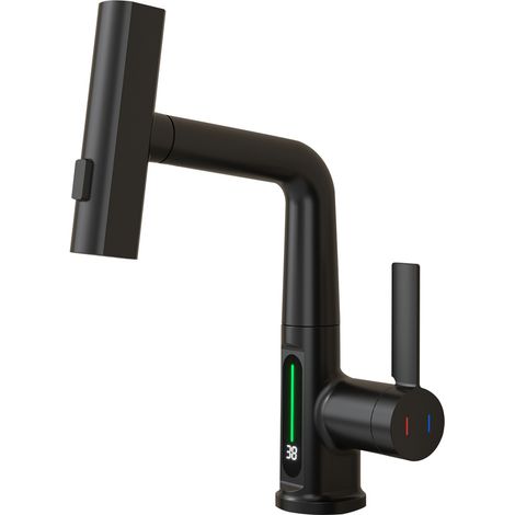 Küchenarmatur mit ausziehbarem Brausekopf, LED-Temperaturanzeige, verstellbarer Höhe und 360°-Schwenkfunktion, 3 Strahlarten, Einhebel-Waschtischmischer aus Edelstahl. (1/3)