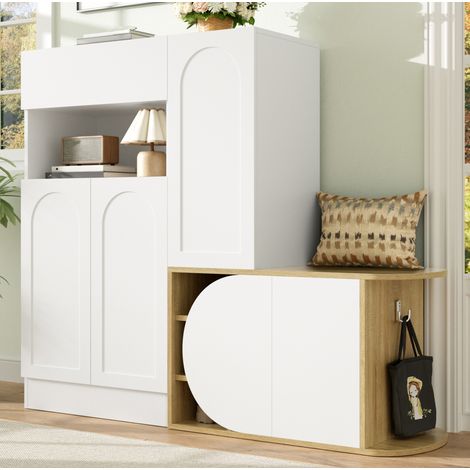 Mobile portascarpe con panca 130x35x110.5 cm, 1 cassetto, 5 ante, scomparto aperto, MDF bianco effetto legno naturale (1/5)