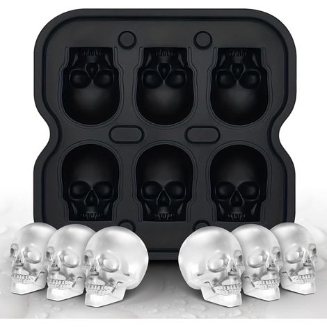 Eiswürfelform in Totenkopfform mit 6 Löchern, schwarze Silikon-Eiswürfelform, geeignet für Whisky-Cocktails, lebensmittelechter, flexibler Eiswürfelbereiter, geeignet für Halloween-Partys, einteilig v