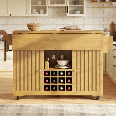 Chariot de rangement pratique, desserte roulante en bois naturel avec étagères ajustables et porte-bouteilles, table d'appoint mobile pour cuisine, salle à manger, terrasse, marron chaleureux (1/5)