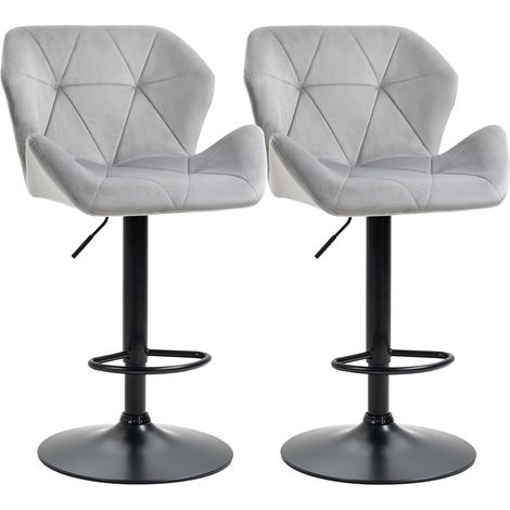 Bar Stools Set Of 2, Luxurious Velvet-Touch Barstools with Metal Frame Footrest Round Base Triangle Indenting Moulded Seat Adjustable Height Swivel Grey