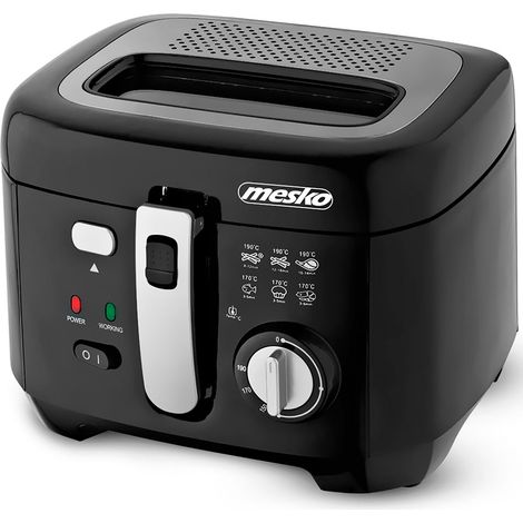 Mesko MS 4908 Freidora Aceite Eléctrica 2,5 Litros Pequeña, Cubeta Antiadherente Desmontable, Filtro Antiolor 1800W Negro