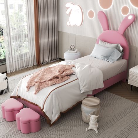 Lit capitonné moderne 90x200 cm en velours rose avec tête de lit réglable, oreilles pliables, LED et 2 bancs de rangement (1/5)