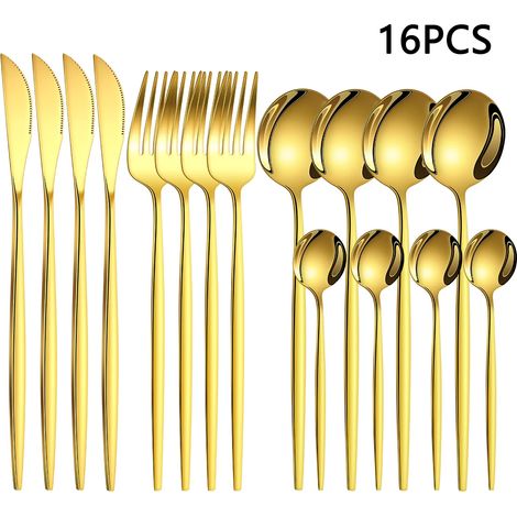 Ensemble de couverts en acier inoxydable (doré) de 16 pièces, comprenant un couteau à steak, une fourchette et une cuillère de style occidental. (1/5)