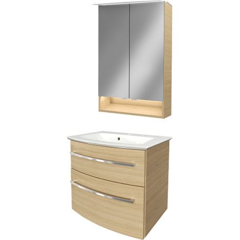 Fackelmann B.STYLE Badmöbel Set – Waschbecken mit Unterschrank und LED-Spiegelschrank in Holz braun – Waschbeckenunterschrank 60 cm hängend breit – Badezimmermöbel in Sandeiche Holzoptik"-"90171145 (1/5)