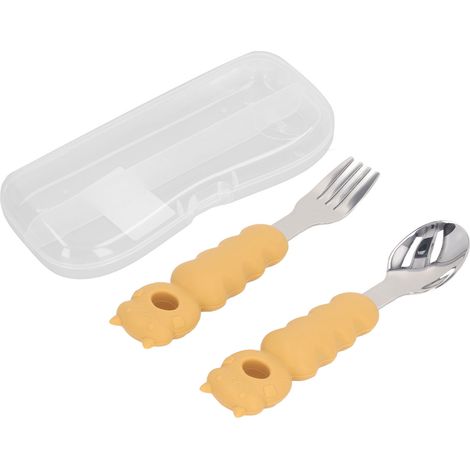 Ensemble fourchette-cuillère pour tout-petits, multifonction, en forme de dessin animé, compatible lave-vaisselle, prise en main confortable, en acier inoxydable 316, avec gingembre. (1/5)