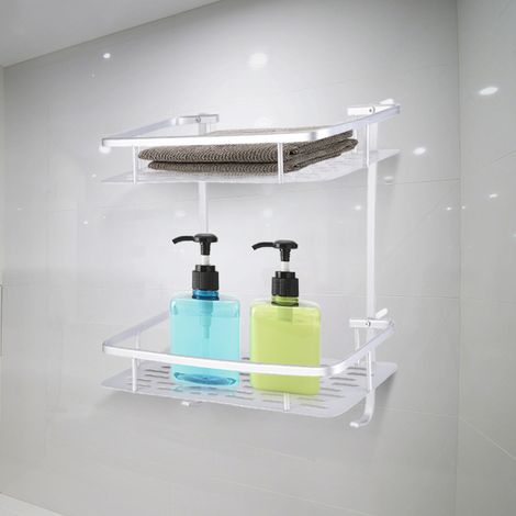 Étagère murale de rangement en aluminium à double niveau avec 2 crochets de suspension pour salle de bain (1/5)