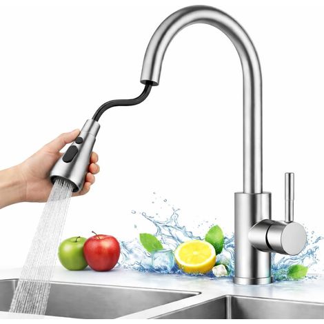 Grifo mezclador de cocina extensible de acero inoxidable. 3 funciones: 2 tipos de chorro y pausa. Grifo extraíble para fregadero. (1/5)