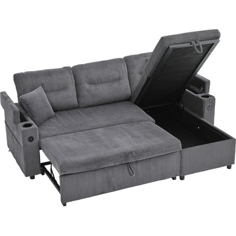 Canapé 3 places en velours côtelé avec lit tiroir 2 places, rangement, porte-gobelets et port USB-C – design moderne et multifonction (1/5)