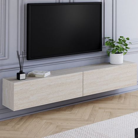 Mueble TV suspendido ELIO 180 cm con 2 puertas de madera efecto travertino (1/5)