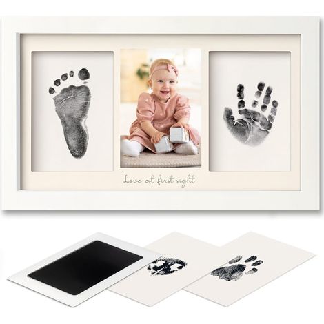 Ensemble comprenant les empreintes de mains et de pieds de bébé, tampon encreur pour bébé, cadre photo commémoratif, peut être posé sur une surface ou accroché au mur, blanc. (1/5)
