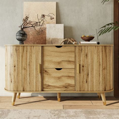 Aparador de salón 140 cm en MDF efecto madera, 2 cajones y estantes regulables, natural OKMYHOME (1/5)