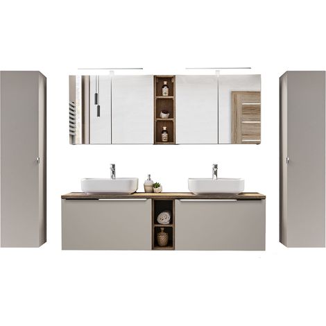 Badmöbel Set in taupe mit Vintage Eiche PUEBLA-56-TAUPE Doppel-Waschtisch mit 2 Keramik-Waschbecken, 2 LED-Spiegelschränke & 2 Hochschränke, B/H/T 270/200/46 cm (1/5)