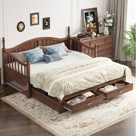 Letto con letto aggiuntivo 90x190 cm e 180x190 cm, testiera e braccioli curvi, colonne decorative, cassetti e rete a doghe, senza materasso, noce (1/5)