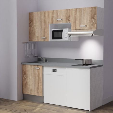 Kitchenette K55L - 180 cm - emplacements hotte, micro-ondes, frigo et lave-vaisselle-Bois-Cromo-évier à gauche (1/5)