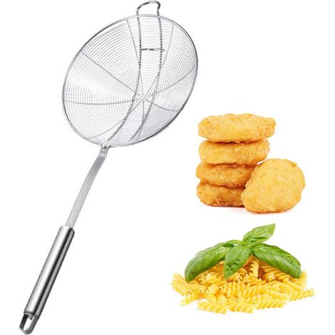 Panier écumoire solide en acier inoxydable avec long manche et double crochet, passoire de cuisine pour friture, cuisson à la vapeur (1/4)