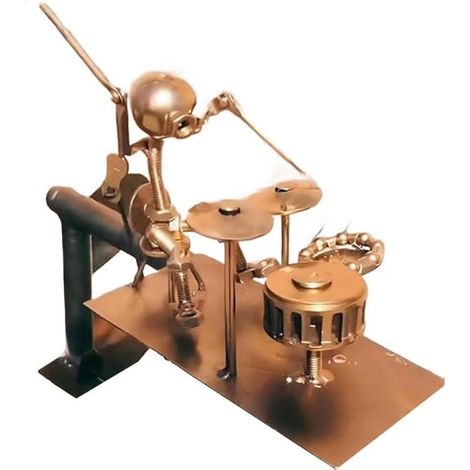 Molino de viento de metal para decoración de jardín, soldado a mano con tapa giratoria de guitarra y figura de baterista móvil para un efecto visual divertido (molino de viento, dorado) (1/5)