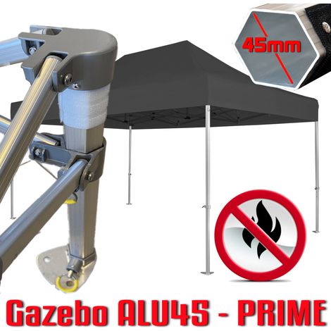 Gazebo 3x4,5 m nero certificato IGNIFUGO SENZA laterali pieghevole alluminio piantone esagonale 45mm portatile estendibile richiudibile estensibile acciaio per fiere eventi stand chiosco tenda tendone (1/5)